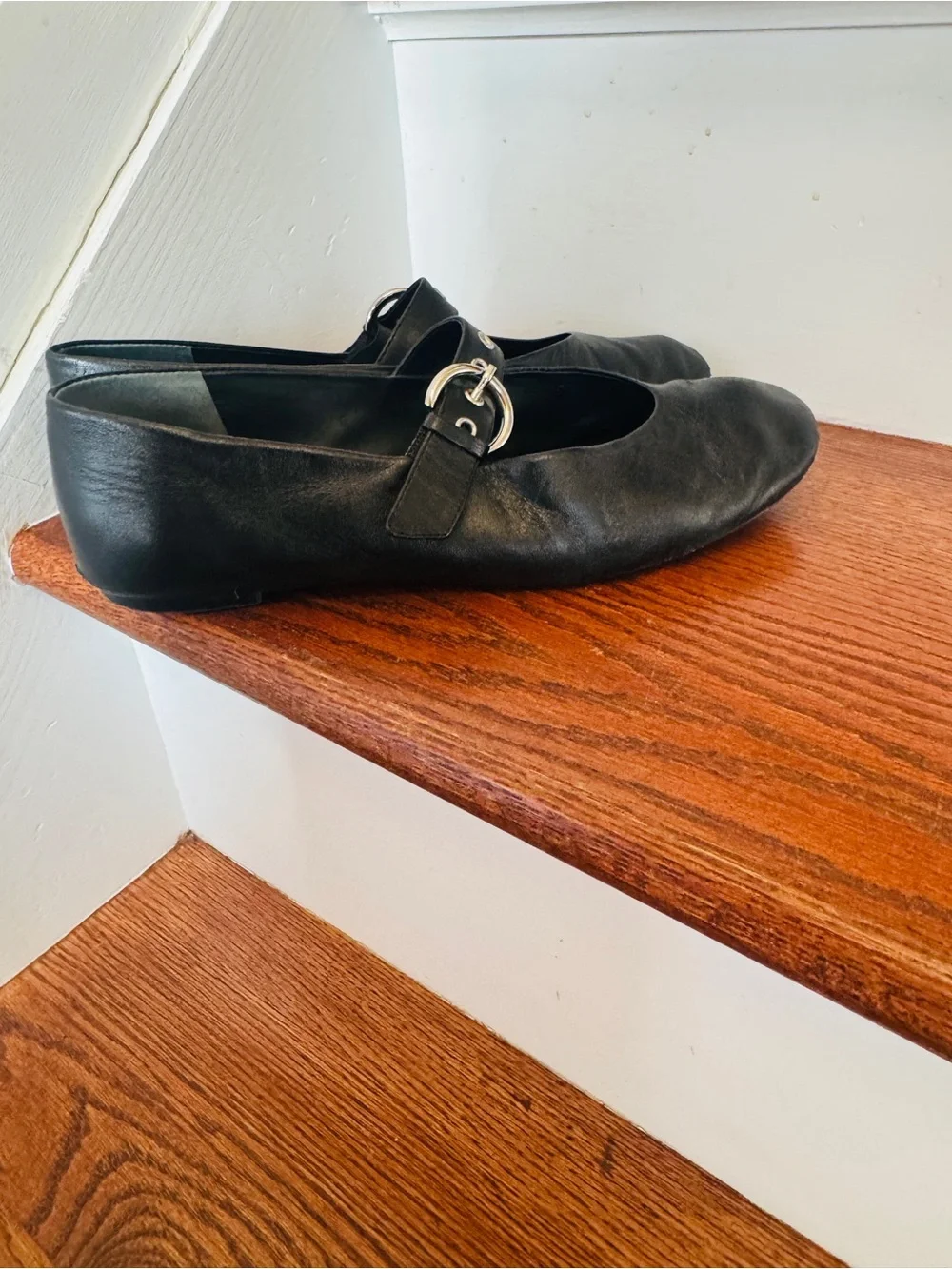 Reformation Black Leather Mary Jane Flats with Silver Buckles